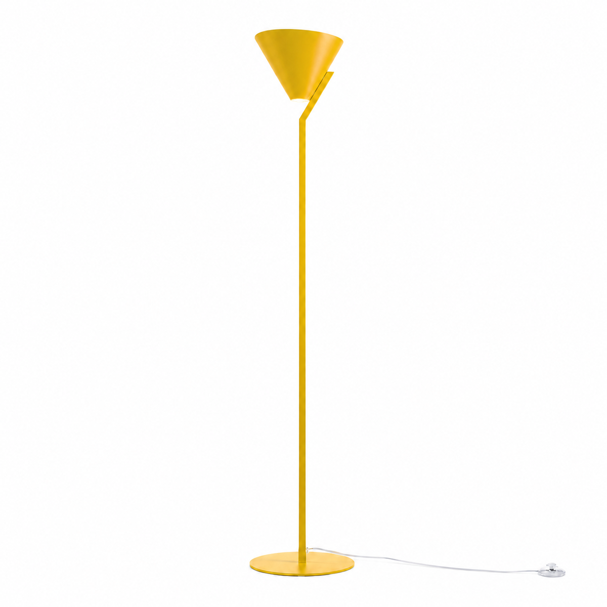 Floor Lamp Heidi 3529R yellow shade illuminated with warm light glowing softly through the fabric, front view on white background by Marcottestyle