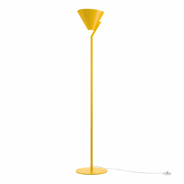Floor Lamp Heidi 3529R yellow shade illuminated with warm light glowing softly through the fabric, front view on white background by Marcottestyle