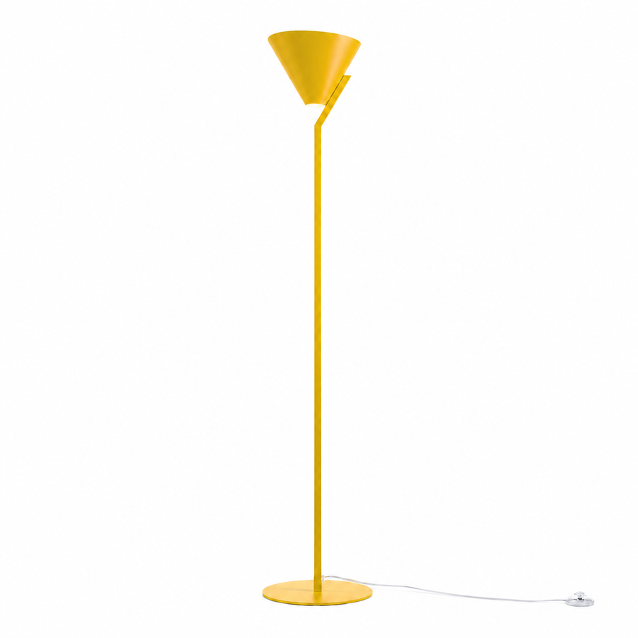 Floor Lamp Heidi 3529R yellow shade illuminated with warm light glowing softly through the fabric, front view on white background by Marcottestyle