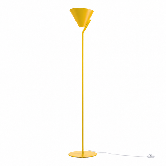 Floor Lamp Heidi 3529R yellow shade illuminated with warm light glowing softly through the fabric, front view on white background by Marcottestyle