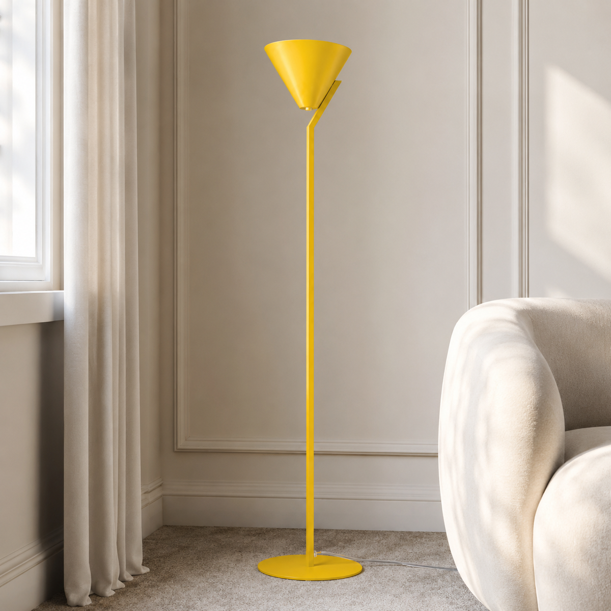 Floor Lamp Heidi 3529R yellow in modern luxury living room interior with natural sunlight and realistic photographic styling by Marcottestyle