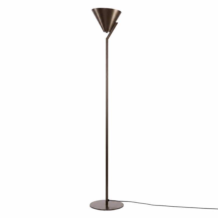 Floor Lamp Heidi 8181G front view, elegant bronze floor lamp with cone-shaped fabric shade on a sleek metal base, professional studio lighting on white background by Marcottestyle