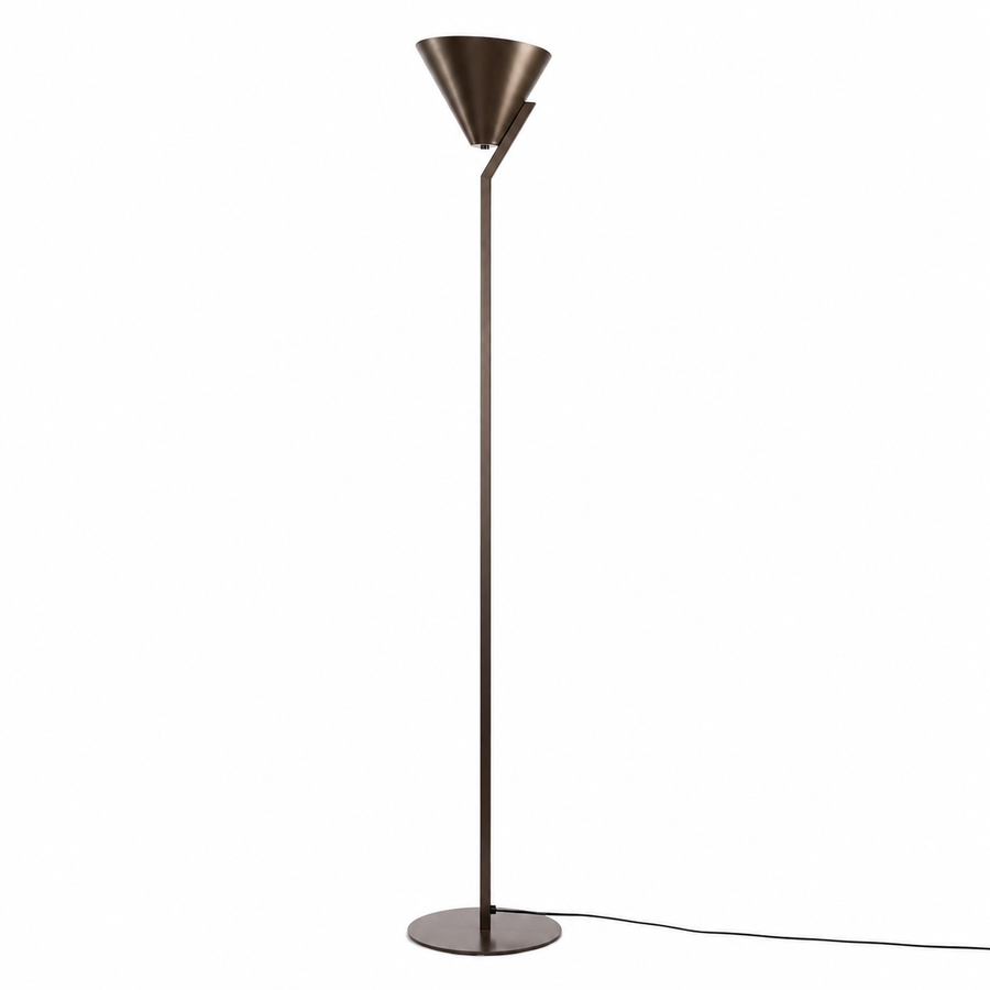 Floor Lamp Heidi 8181G front view, elegant bronze floor lamp with cone-shaped fabric shade on a sleek metal base, professional studio lighting on white background by Marcottestyle