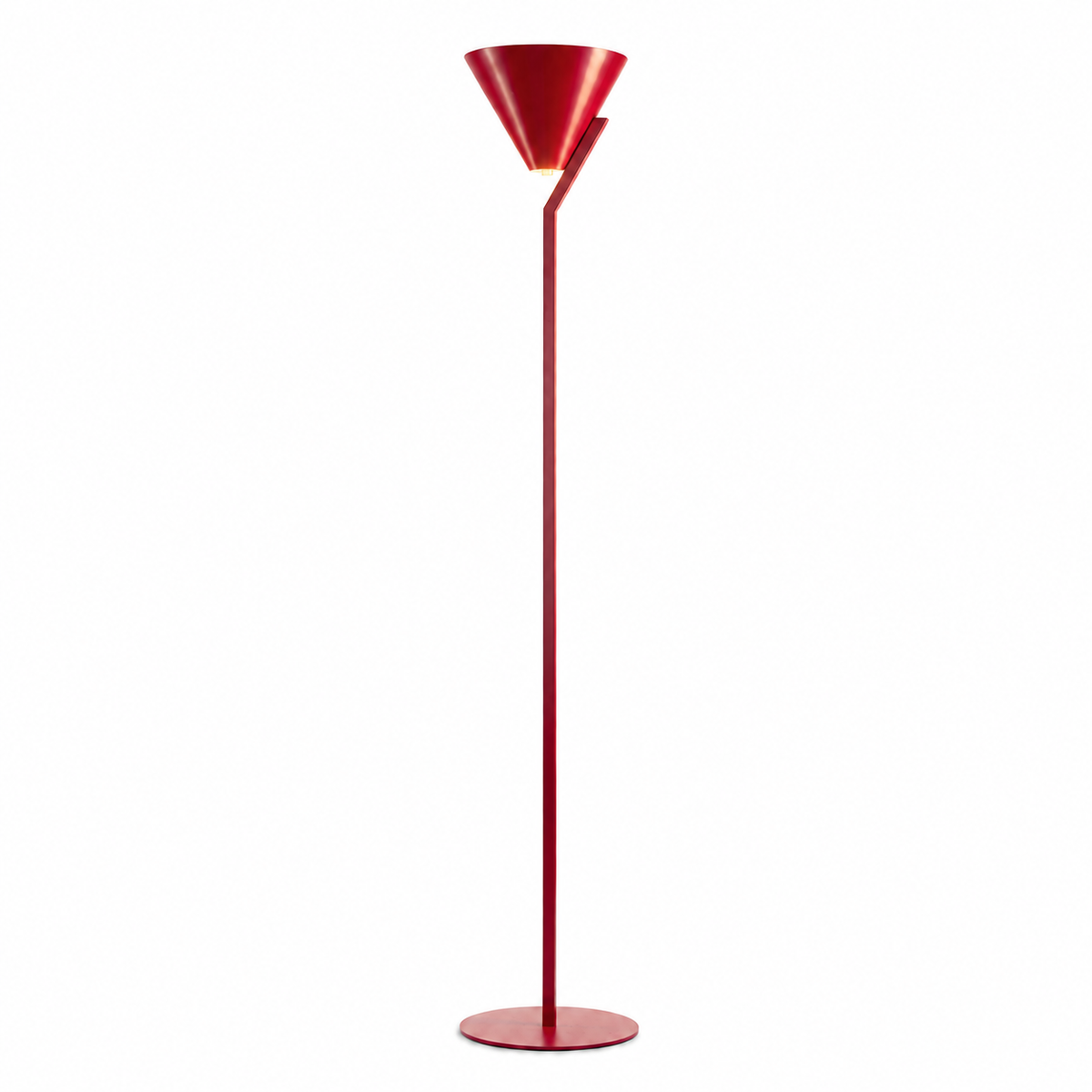 Floor Lamp Heidi 9653Y in Red with lights turned on, soft warm glow visible through the red fabric cone shade on white background by Marcottestyle