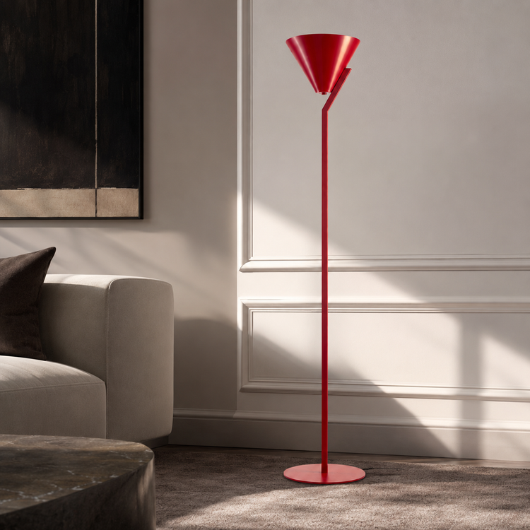 Floor Lamp Heidi 9653Y in Red styled in a modern luxury living room with natural sunlight, showcasing the lamp in a photorealistic interior setting by Marcottestyle