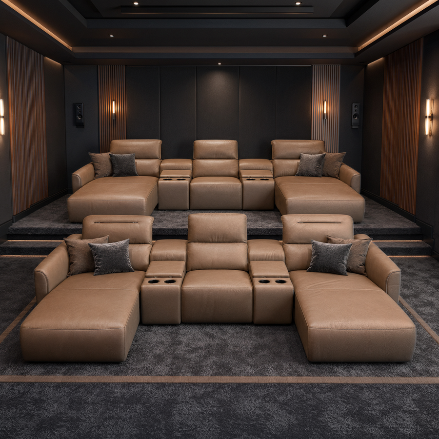 Home Cinema-interieur in landelijk-klassieke stijl van Marcotte Style