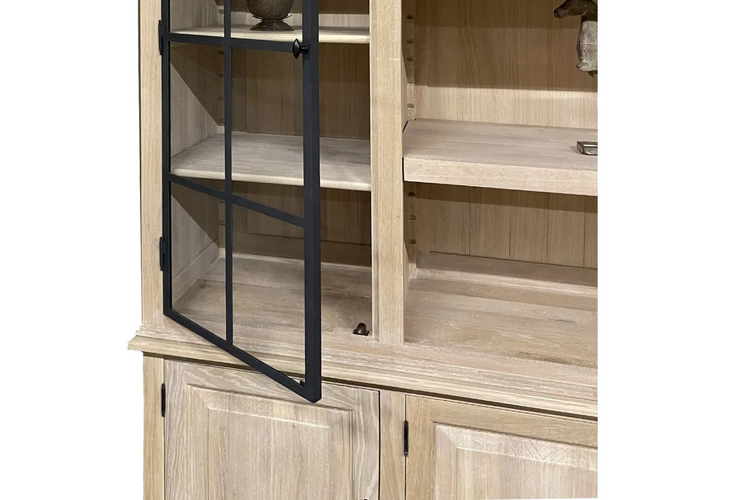 Open iron-framed glass door revealing the oak shelves of the Barton display cabinet