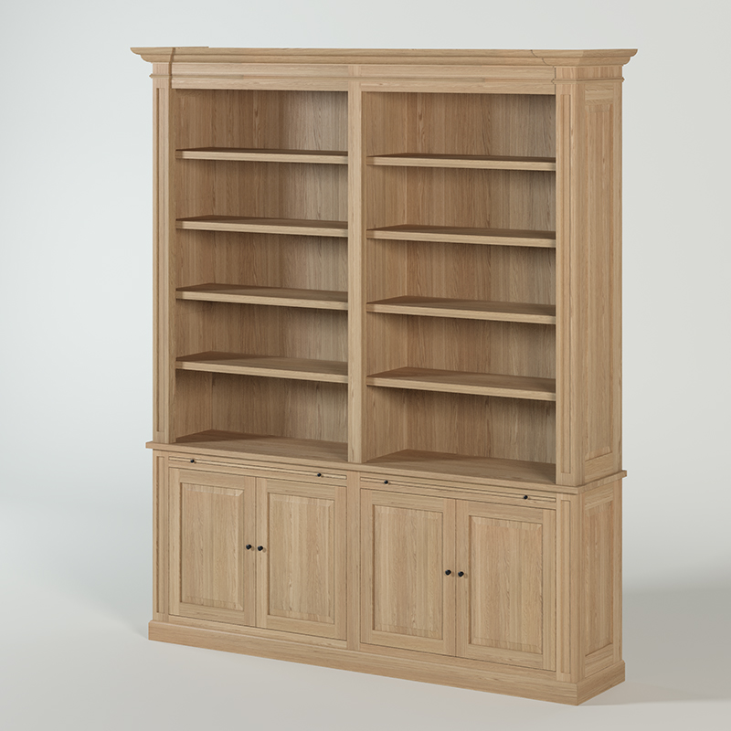 Loire Double Bookcase – Solid Natural Oak Classic Open 4-Door Storage Unit | Marcottestyle