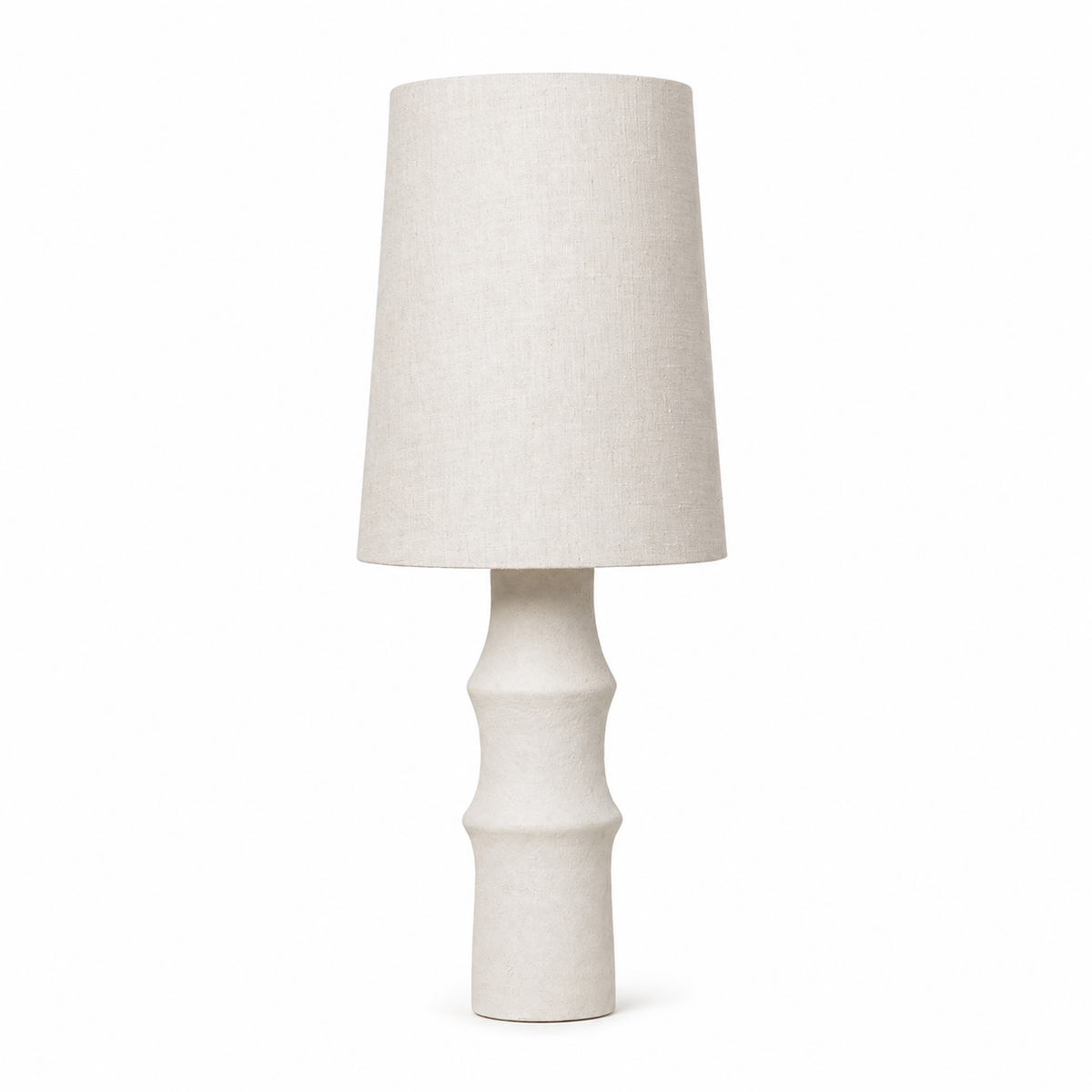 Table Lamp Jora 5663J in white ceramic with linen shade, front view on pure white background with soft studio lighting and subtle contact shadows, professional product photography by Marcottestyle