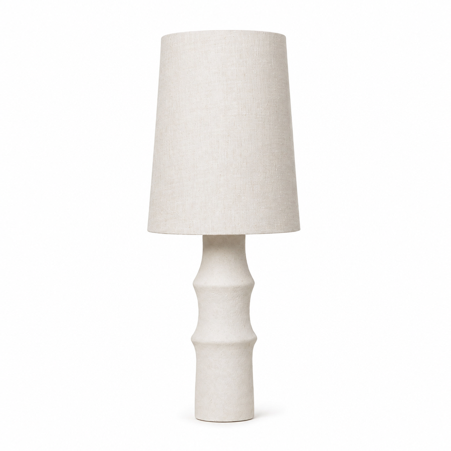 Tischlampe Jora 5663J in white ceramic mit linen shade, front view on pure white background mit soft studio lighting and subtle contact shadows, professional product photography by Marcottestyle