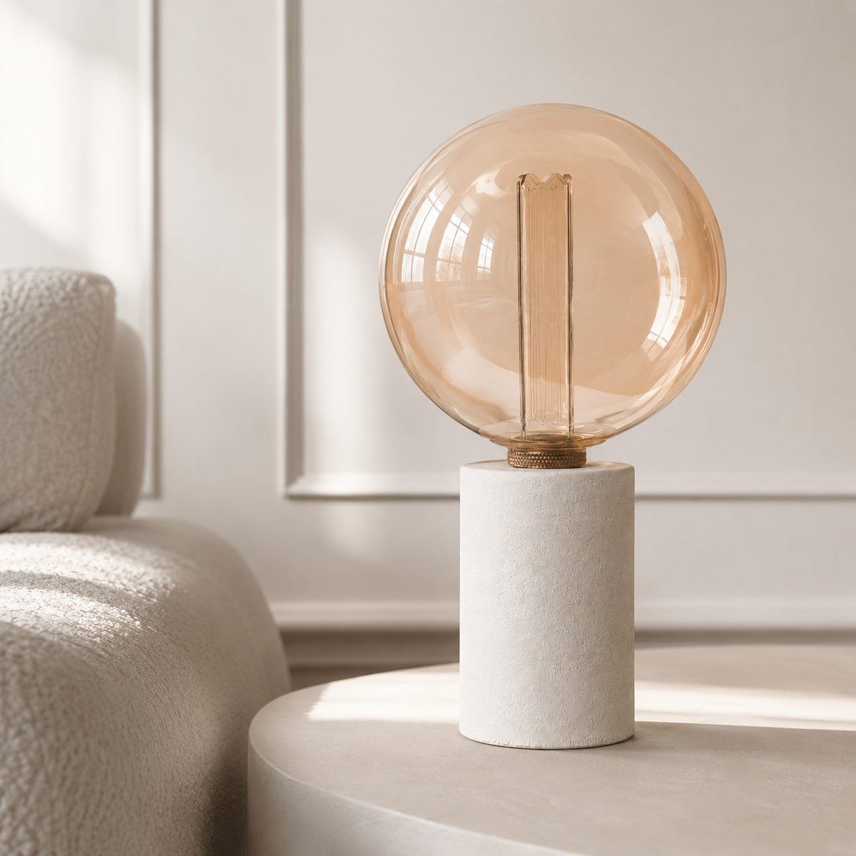 Table Lamp Jutta 3459C styled in a modern luxury interior with natural window light, velvet carpet and classic framing creating a warm photorealistic atmosphere by Marcottestyle