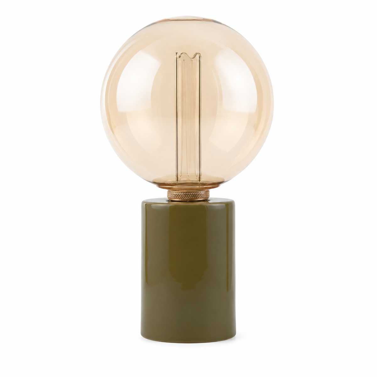 Table Lamp Jutta 7472X in olive green with globe shade, front view on white background, professional studio lighting showing detailed texture and warm tone by Marcottestyle