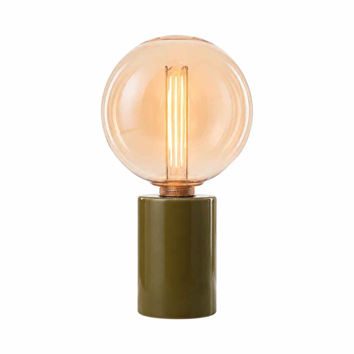 Table Lamp Jutta 7472X olive green with globe shade illuminated, soft warm glow visible through the glass, front view on white background by Marcottestyle