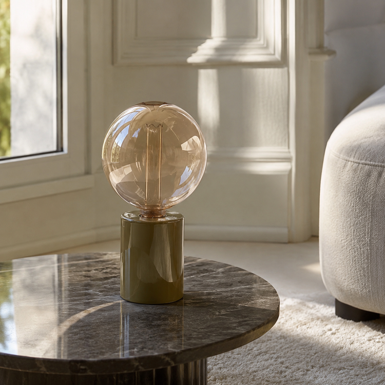 Table Lamp Jutta 7472X olive green styled in a modern luxury living room with natural sunlight, photorealistic interior setting by Marcottestyle