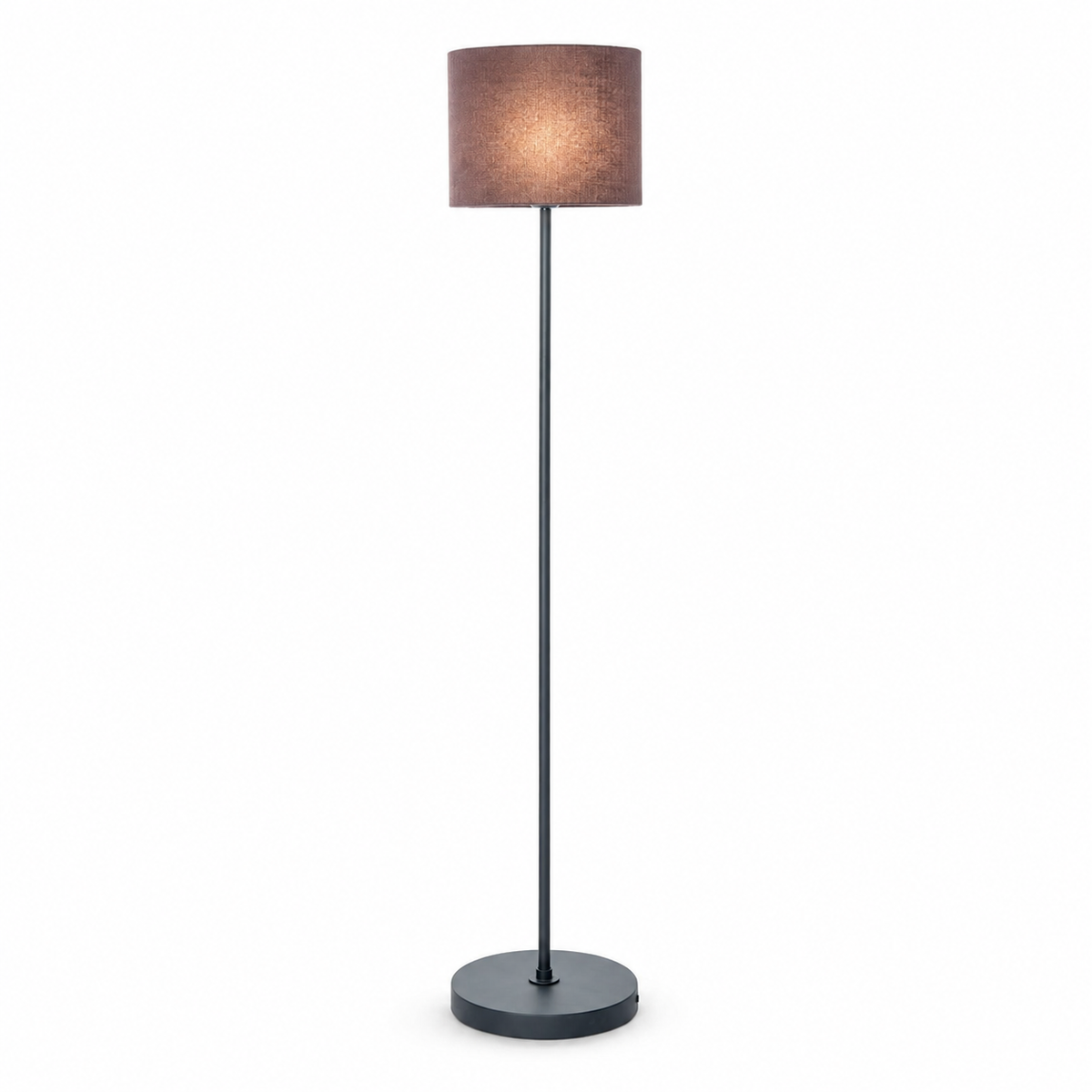 Floor Lamp Karin 6702B illuminated on white background — warm glow softly diffused through the black fabric shade, front view showing the lamp switched on by Marcottestyle