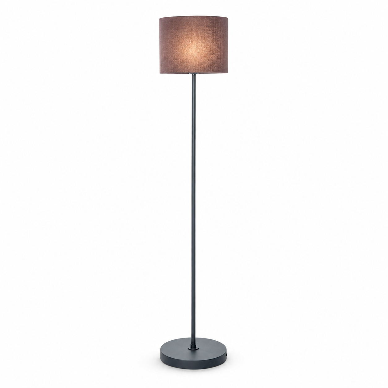 Floor Lamp Karin 6702B illuminated on white background — warm glow softly diffused through the black fabric shade, front view showing the lamp switched on by Marcottestyle