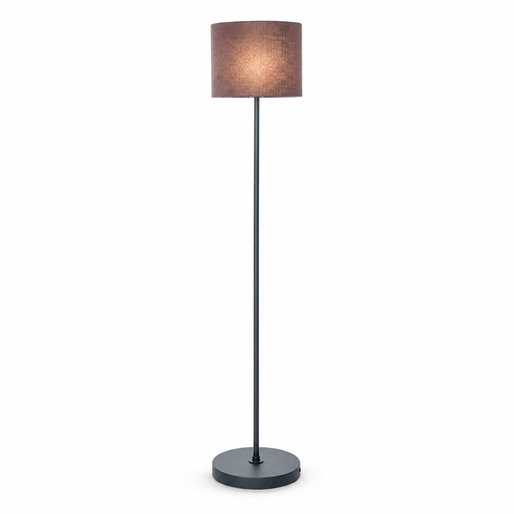 Floor Lamp Karin 6702B illuminated on white background — warm glow softly diffused through the black fabric shade, front view showing the lamp switched on by Marcottestyle