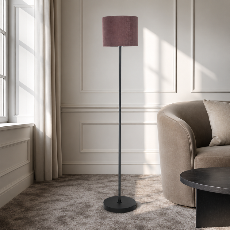 Floor Lamp Karin 6702B styled in a modern luxury living room — velvet carpet, natural window light and soft reflections complement the black lamp's elegant silhouette by Marcottestyle