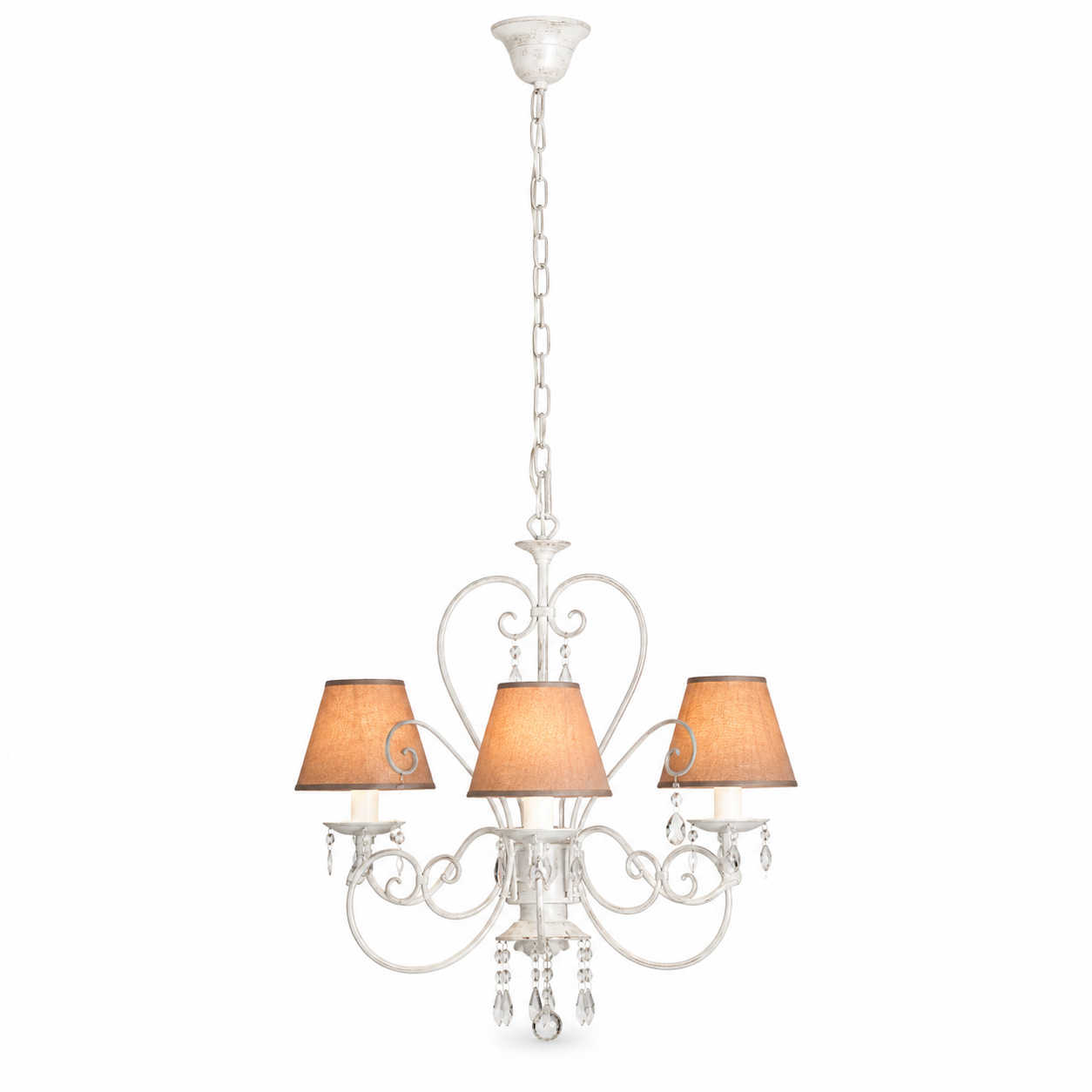 Kell 4910Q ivory-finished crystal chandelier with 3 E14 lampholders and beige fabric lampshades, romantic baroque ceiling pendant Ø50cm with crystal drops for dining room and entrance hall - studio front view on pure white background by Marcottestyle