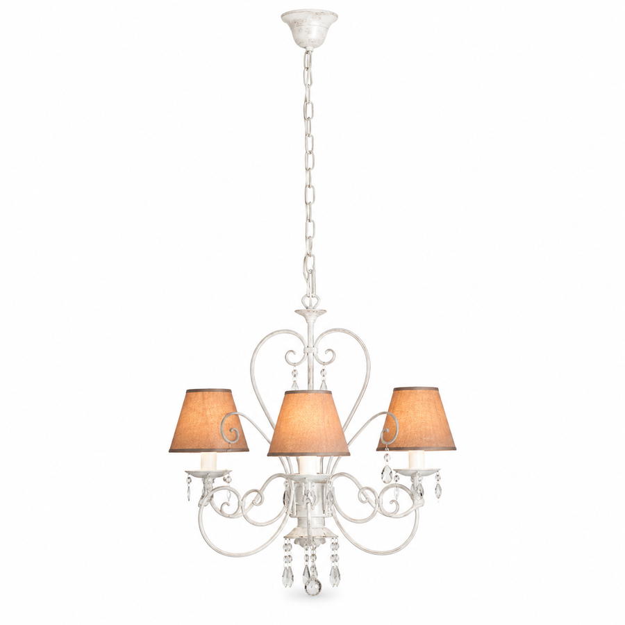 Kell 4910Q ivory-finished crystal chandelier with 3 E14 lampholders and beige fabric lampshades, romantic baroque ceiling pendant Ø50cm with crystal drops for dining room and entrance hall - studio front view on pure white background by Marcottestyle