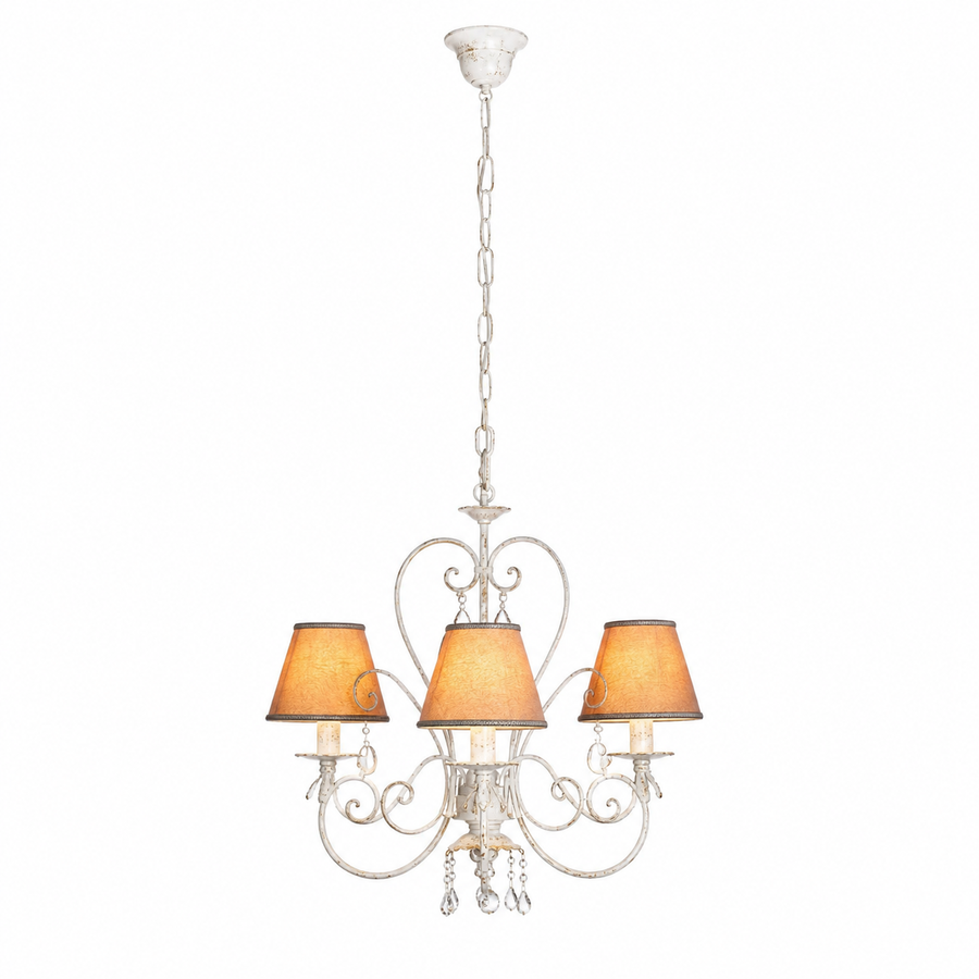 Kell 4910Q romantic chandelier with 3 E14 candle bulbs gently illuminated showing warm glow through the textured beige fabric shades, dimmable Ø50cm vintage ceiling pendant in ivory finish - studio shot on white background by Marcottestyle