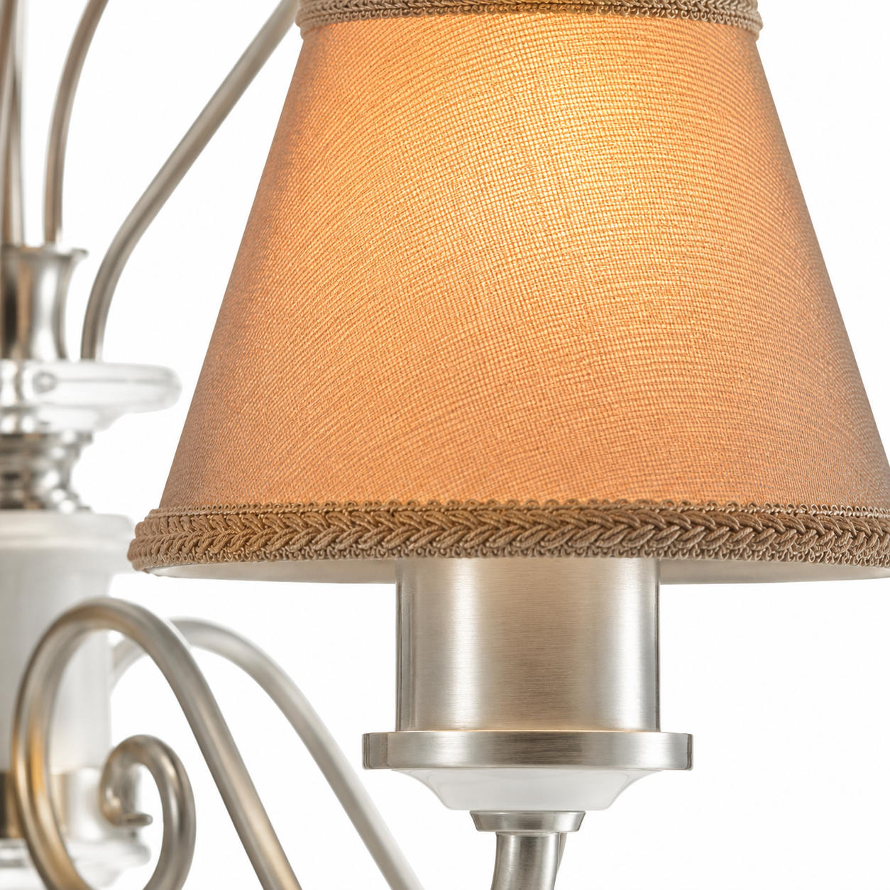 Macro close-up detail of Kell 4910Q chandelier showing woven fabric texture of beige lampshade with braided trim, brushed ivory metal arm and crystal accents of the 3xE14 baroque pendant by Marcottestyle