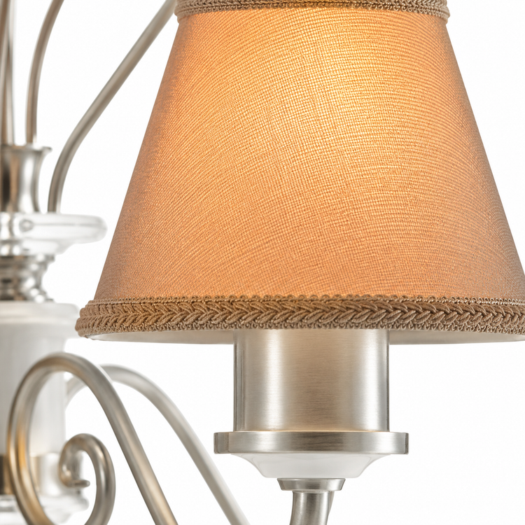 Macro close-up detail of Kell 4910Q chandelier showing woven fabric texture of beige lampshade with braided trim, brushed ivory metal arm and crystal accents of the 3xE14 baroque pendant by Marcottestyle