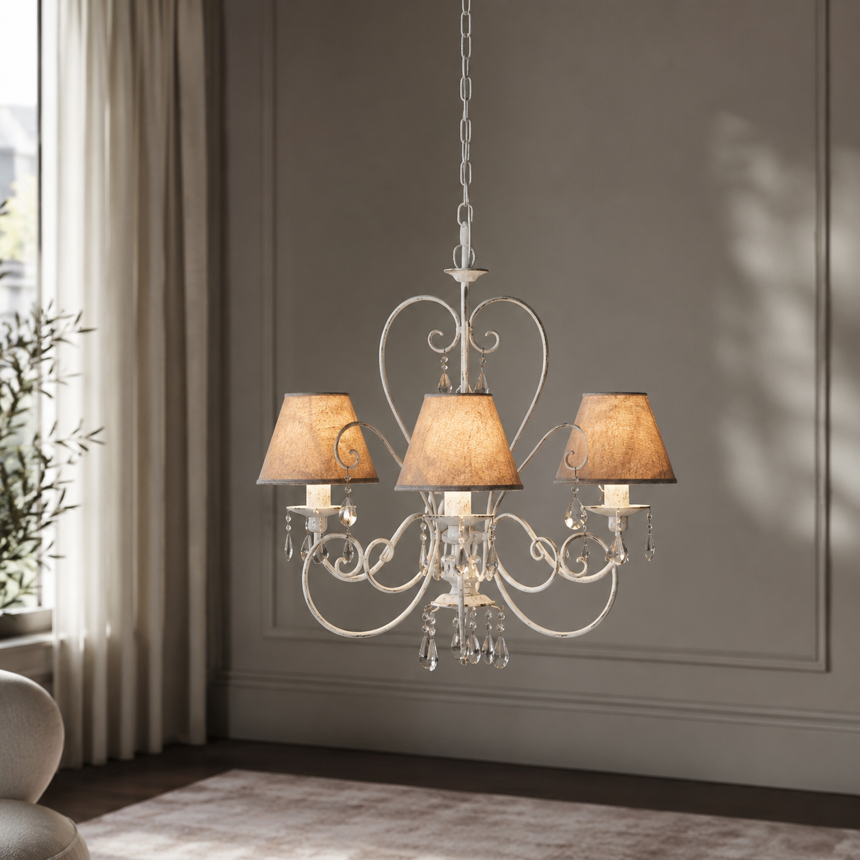 Kell 4910Q ivory crystal chandelier hung in a modern dining room with classic wall paneling, indoor plant and warm natural sunlight, 3xE14 romantic Ø50cm ceiling pendant lifestyle shot by Marcottestyle
