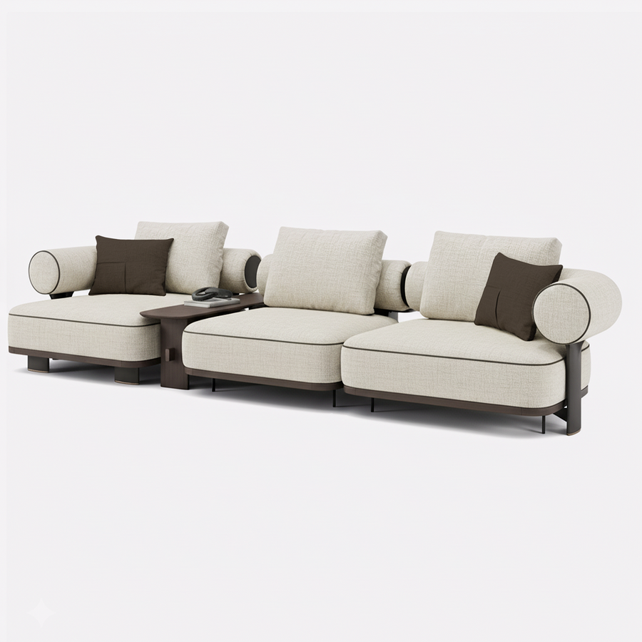 Modulair Sofa Kyoto - Beige Cream & Bruine Piping - Formatie 2 - zijaanzicht | Marcottestyle