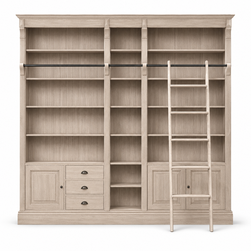 Classic solid oak Bayeux library bookcase with sliding ladder, 269 cm wide, front view