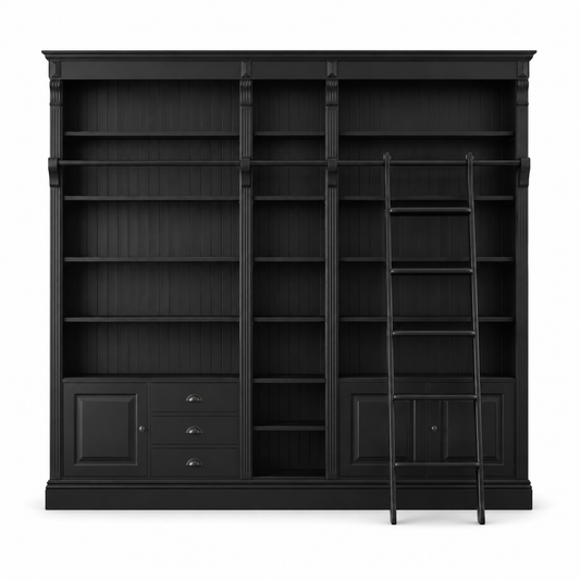 Classic black solid pine Bayeux library bookcase with sliding ladder, 269 cm wide, front view