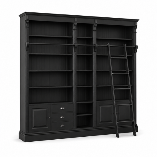 Classic black Bayeux library bookcase, three-quarter view showing sliding ladder and proportions