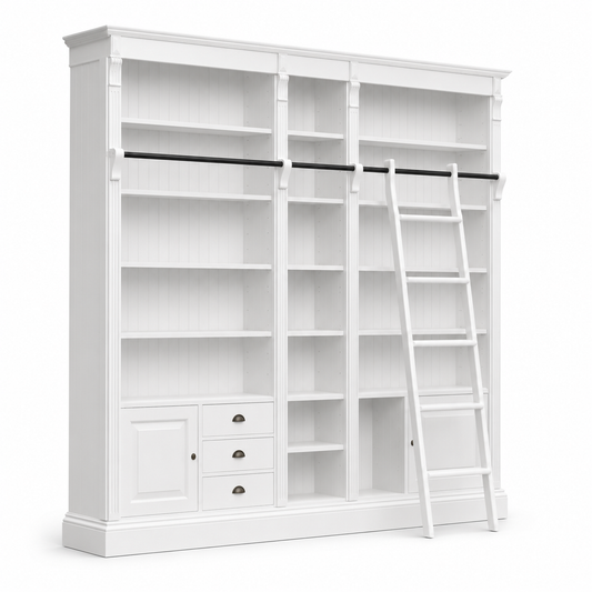Classic white Bayeux library bookcase, three-quarter view showing sliding ladder and proportions