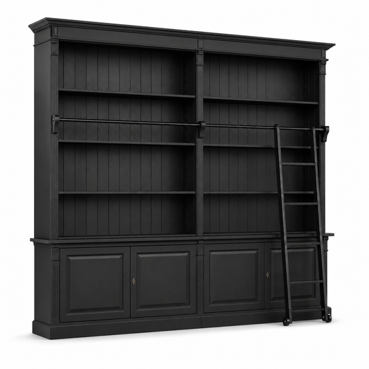 Classic black Chartres library bookcase, three-quarter view showing cornice and ladder rail proportions