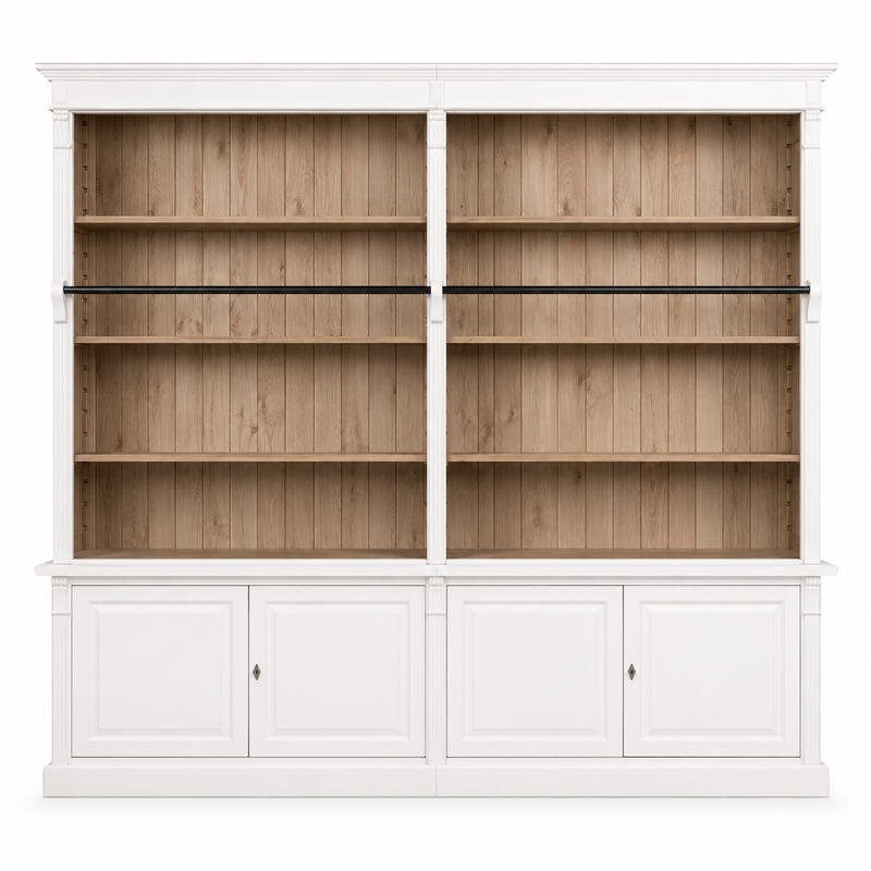 Classic white solid pine Chartres library bookcase with black ladder rail, 290 cm wide, front view