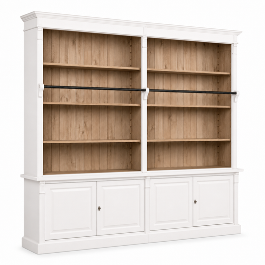 Classic white Chartres library bookcase, three-quarter view showing ladder rail and tall proportions