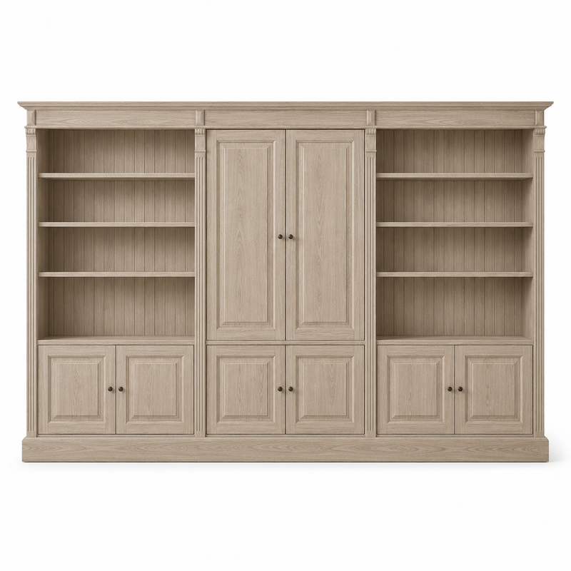 Classic solid oak Fontenay library set, panelled doors and open shelves, 340 cm wide, front view