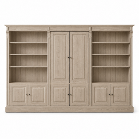 Classic solid oak Fontenay library set, panelled doors and open shelves, 340 cm wide, front view