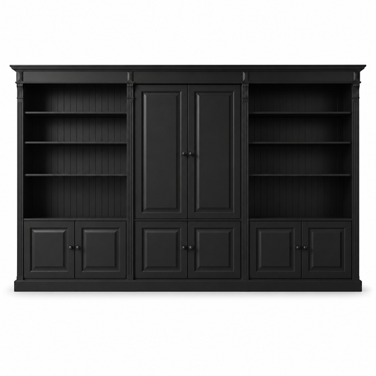 Classic black solid pine Fontenay library set with panelled doors and open shelves, 340 cm wide, front view