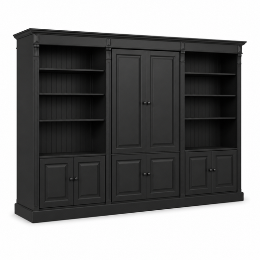 Classic black Fontenay library set, three-quarter view showing cornice, fluted pilasters and proportions