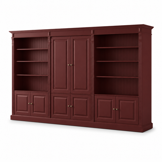 Classic bordeaux Fontenay library set, three-quarter view showing open shelves and proportions