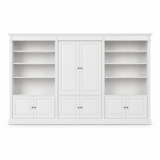 Classic white Fontenay library set with panelled doors and open shelves, 340 cm wide, front view