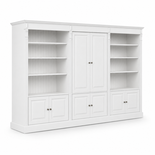 Classic white Fontenay library set, three-quarter view showing panelled doors and shelf proportions