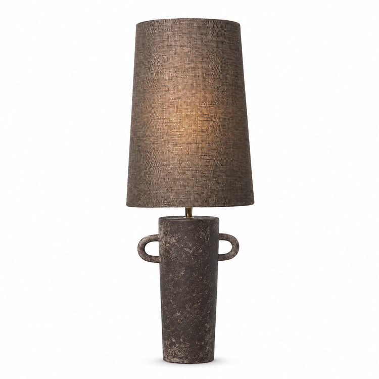 Table Lamp Linnea 2398W with warm light gently glowing through the brown fabric shade, front view on white background highlighting the ambient lighting effect by Marcottestyle