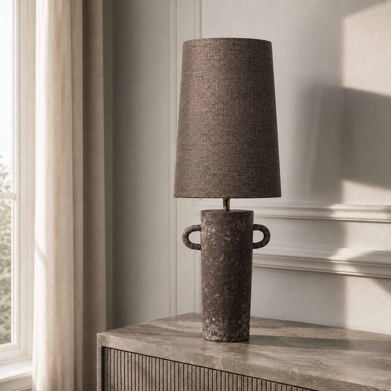 Lampe de table Linnea 2398W styled in a modern luxury interior avec natural window lighting and velvet textures creating a photorealistic room setting by Marcottestyle