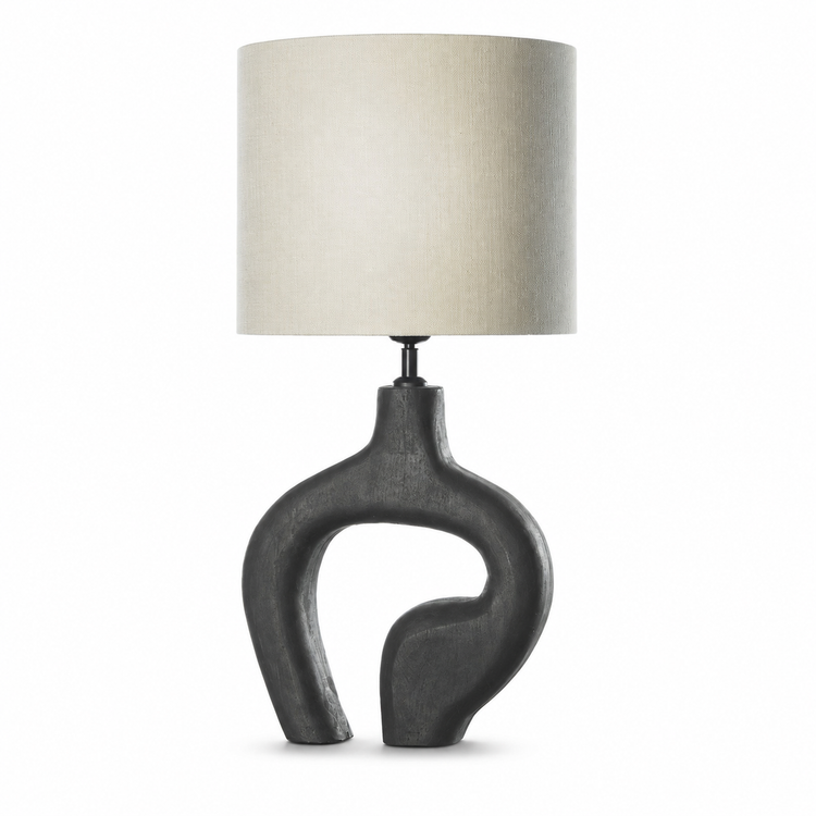 Table Lamp Loki 2097W in black metal finish, front view on white background showing elegant curved base and fabric lampshade with professional studio lighting by Marcottestyle
