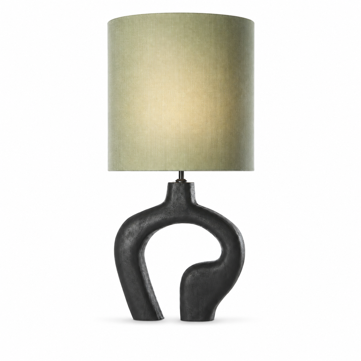 Table Lamp Loki 5831V in black with the light switched on showing a warm glow through the fabric shade, front view on white background with soft shadows by Marcottestyle