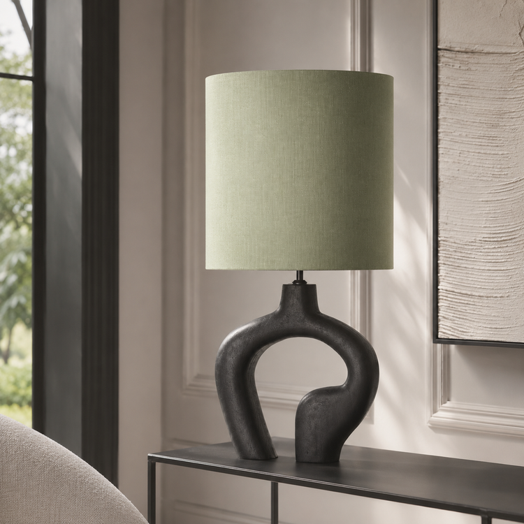 Table Lamp Loki 5831V in black styled inside a modern luxury living room with natural window light and velvet carpet, photorealistic interior setting by Marcottestyle