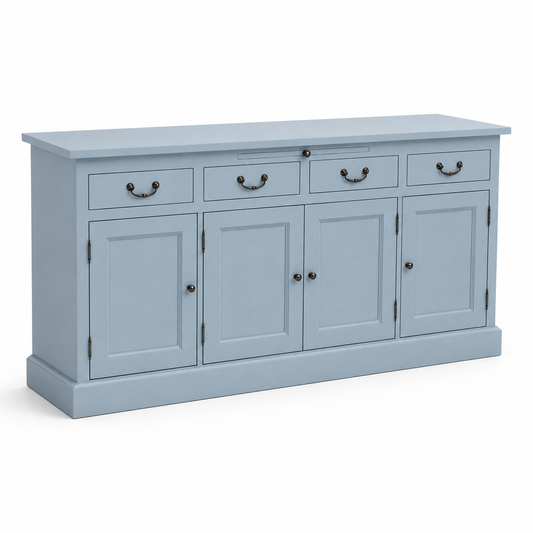 Light blue solid pine Lorient sideboard with bronze bail handles, angled three-quarter view, 176 cm wide