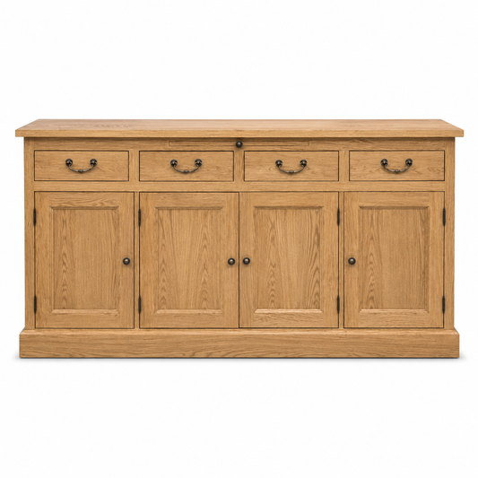 Classic natural oak Lorient sideboard with four drawers and panelled doors, 176 cm wide, front view